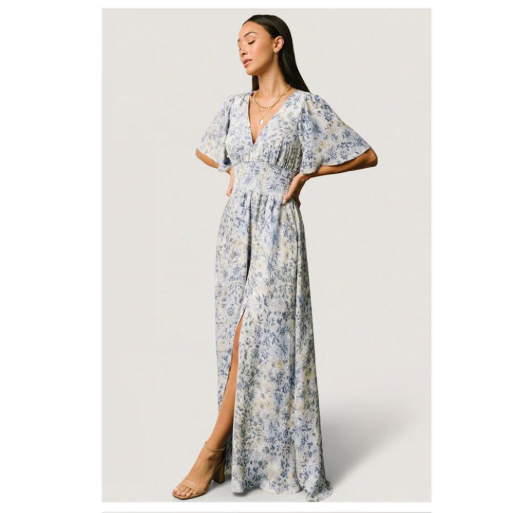 Baltic Born Verona Smocked Maxi Dress Blue White Floral size 3XL